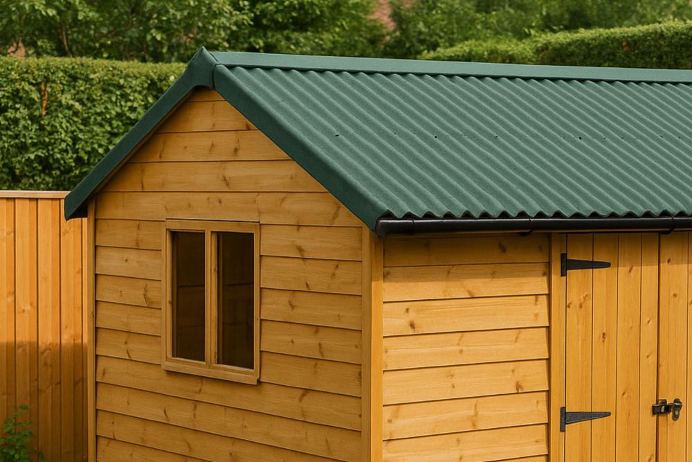 timber shed green corrugated bitumen roofing