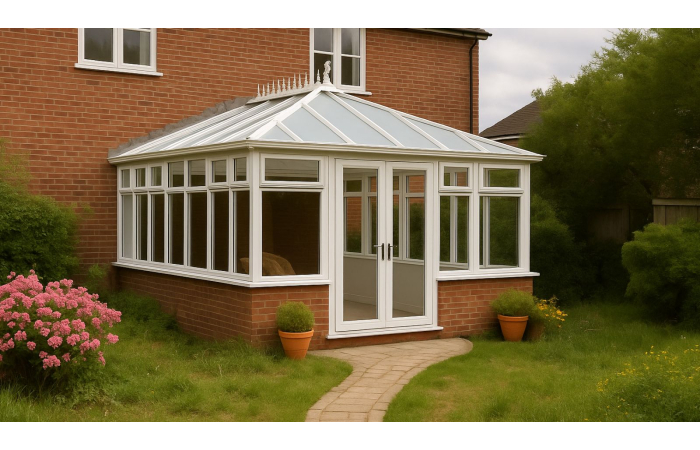 Polycarbonate conservatory roof in garden with flower pots