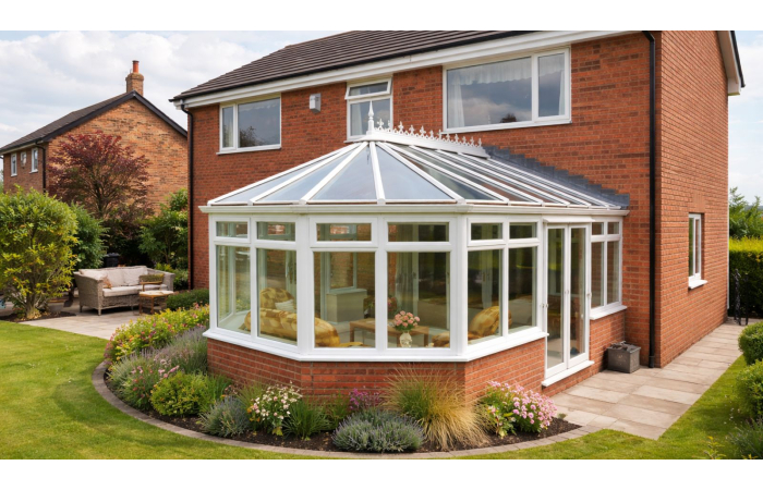 traditional glass conservatory polycarbonate roof on back of red brick house
