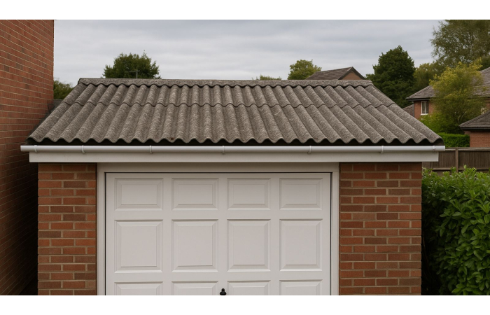 corrugated fibre cement garage roof, red brick with white garage door