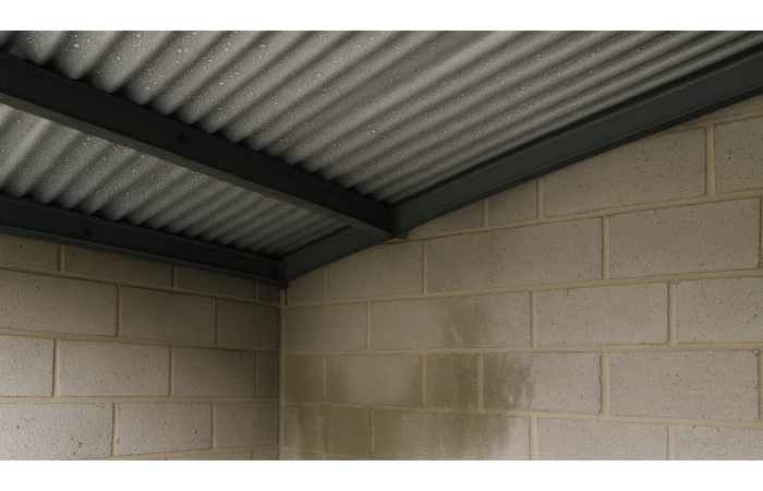 grey metal garage roof beading water condensation damp concrete blocks