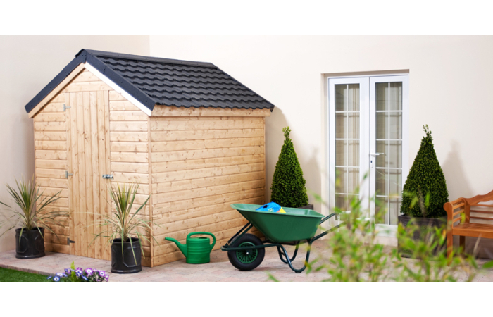 Shed in residential garden setting.