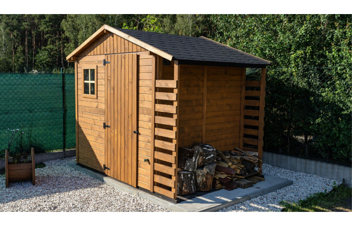 timber shed, black felt shingle roof