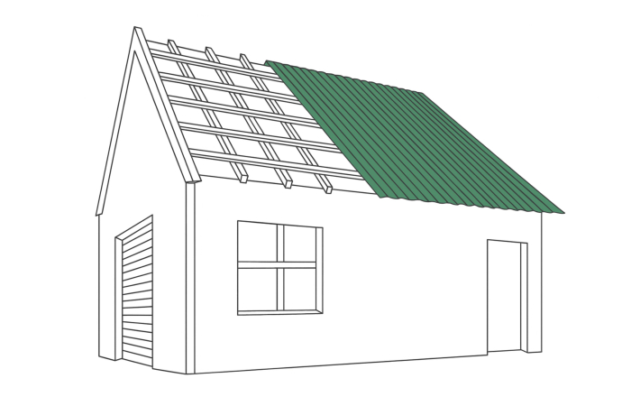 line drawing small building, rafters, battens, green corrugated roof sheets