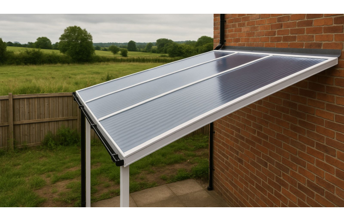 polycarbonate lean-to, red brick house, white framing system, green fields