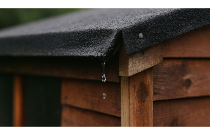 water drips from a slightly torn shed roof