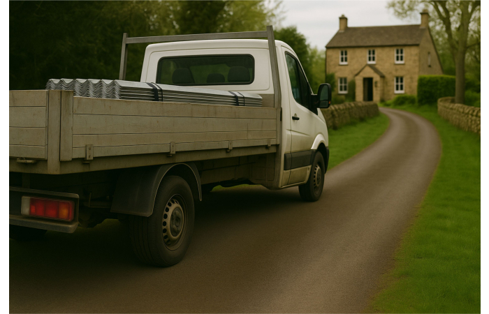 flatbed truck delivers metal roof sheets, parked narrow lane, rural country house