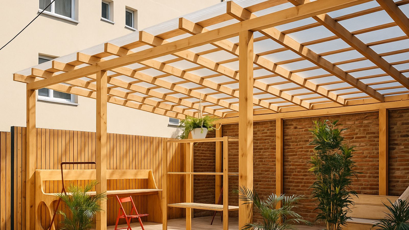 large timber pergola corrugated polycarbonate roof