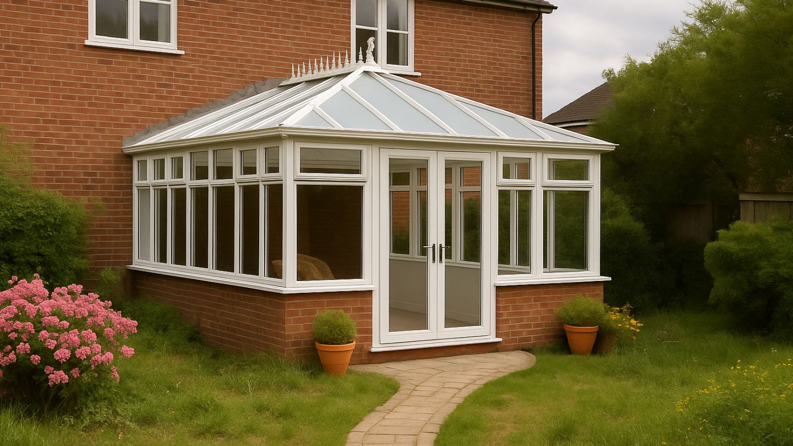 Polycarbonate conservatory roof in garden with flower pots