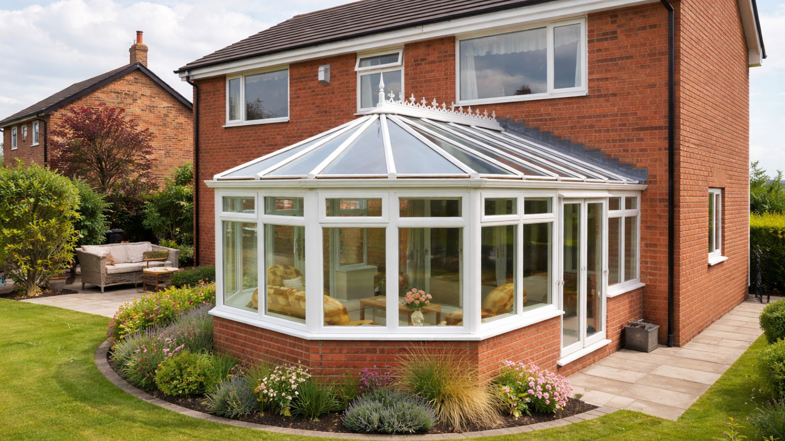 traditional glass conservatory polycarbonate roof on back of red brick house