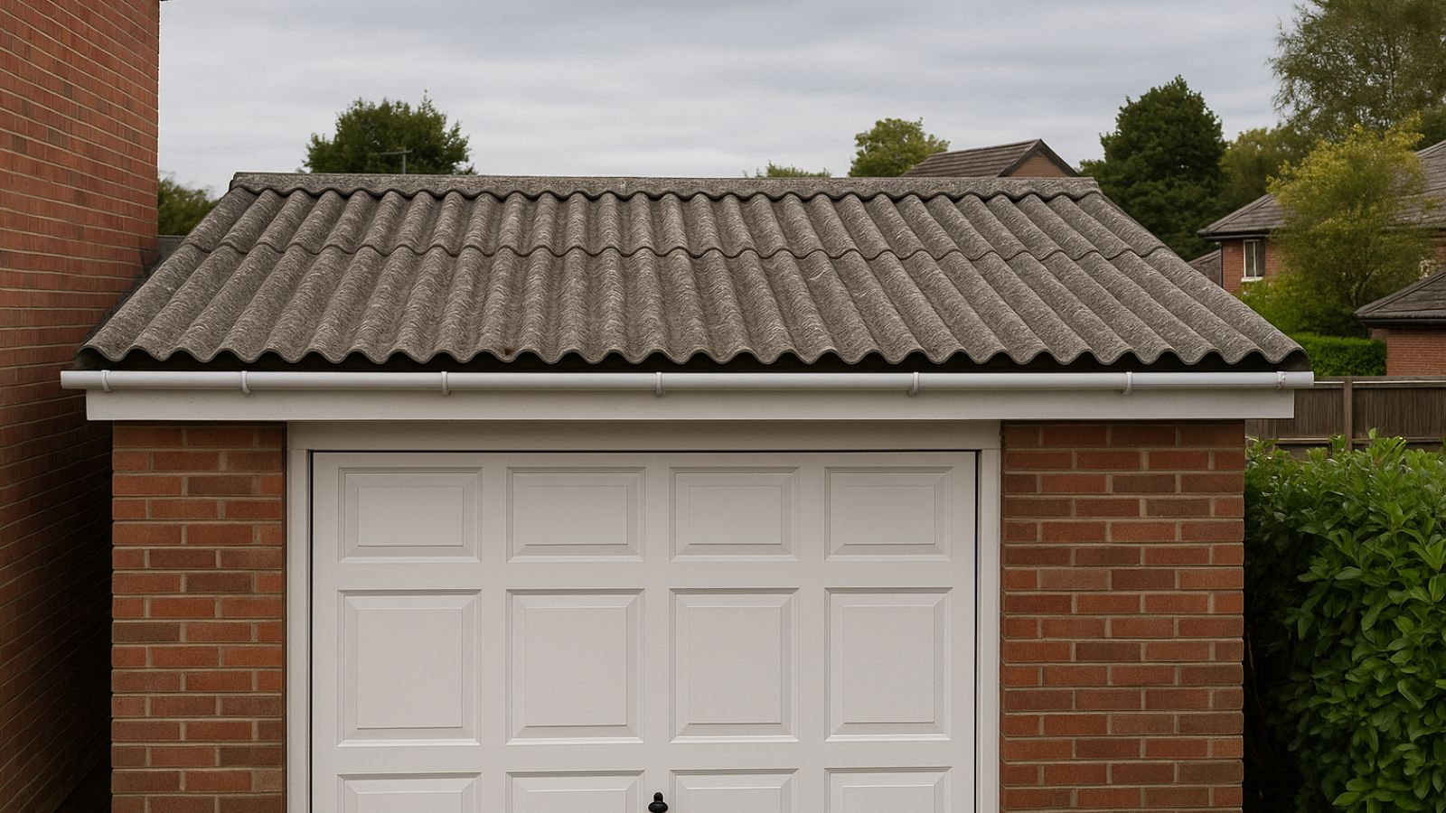 corrugated fibre cement garage roof, red brick with white garage door