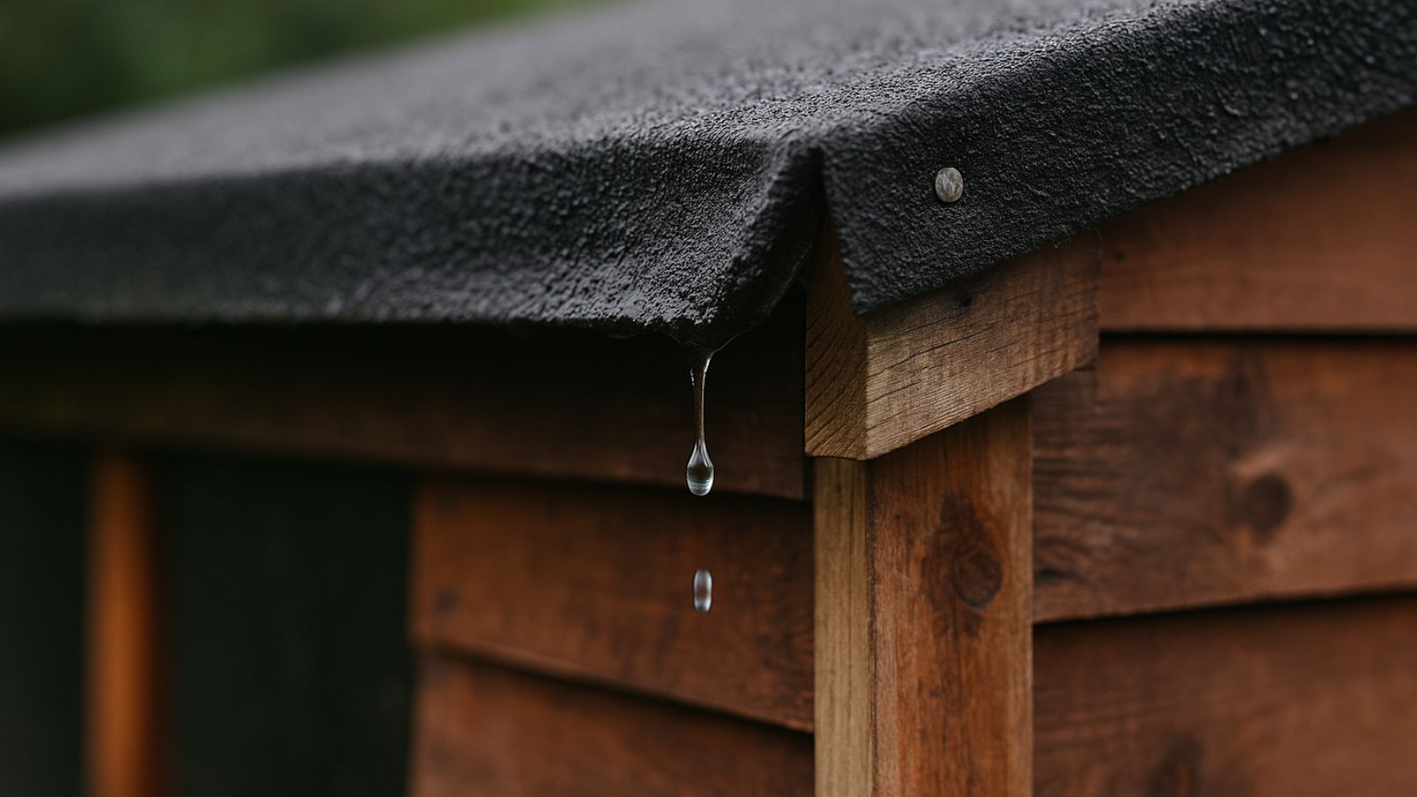 water drips from a slightly torn shed roof