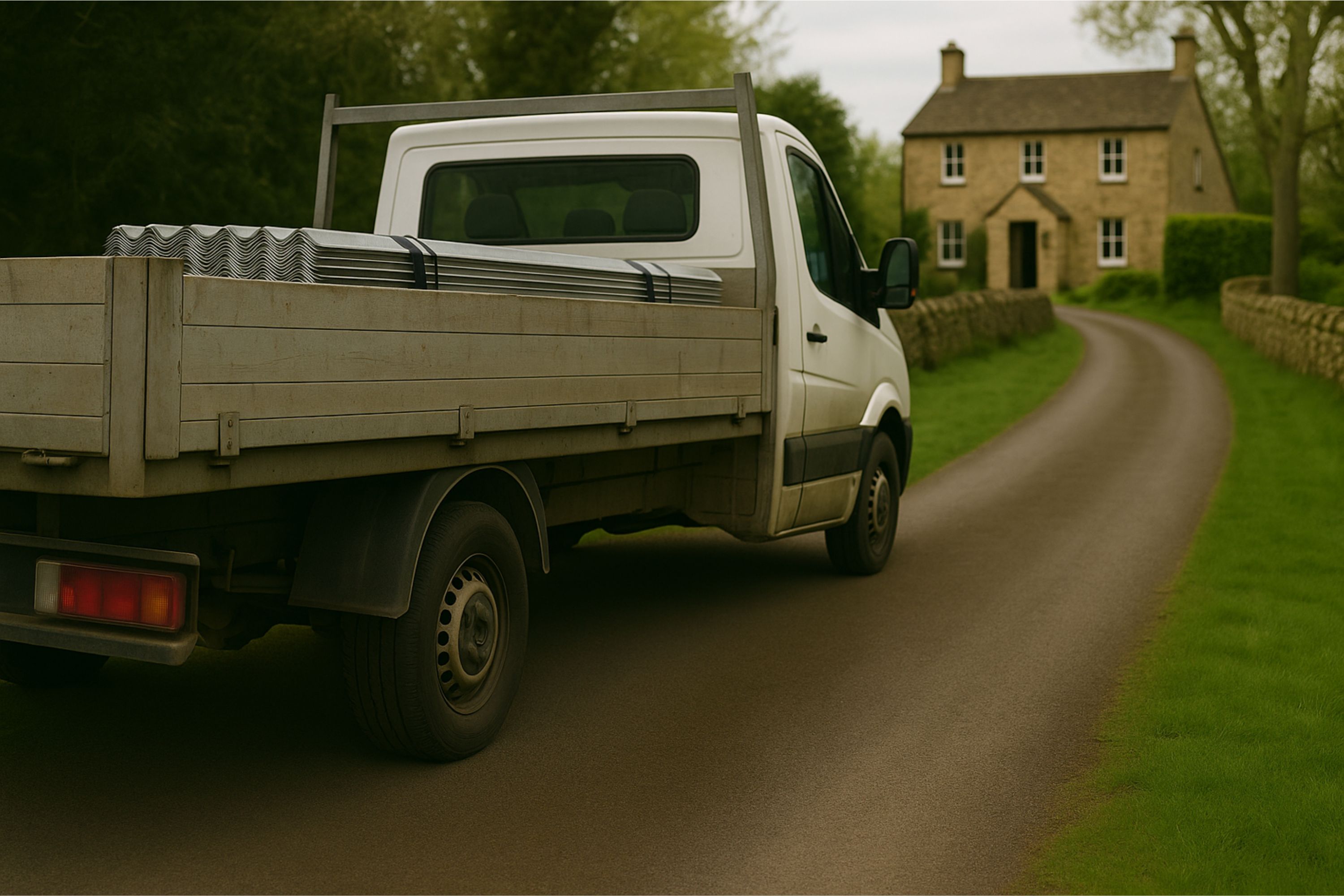 flatbed truck delivers metal roof sheets, parked narrow lane, rural country house