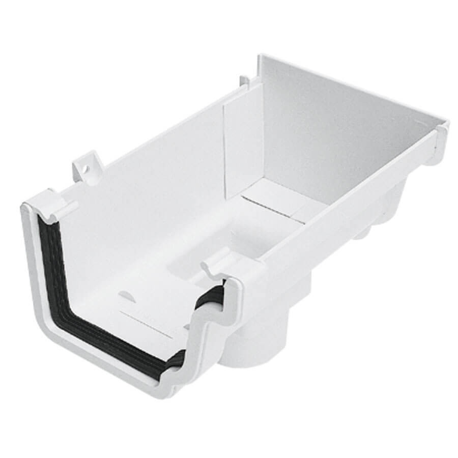 Plastic Guttering Universal Plus - Stop End Outlet Right Hand - 128mm - White Plastic Guttering Universal Plus - Stop End Outlet Right Hand - 128mm - White