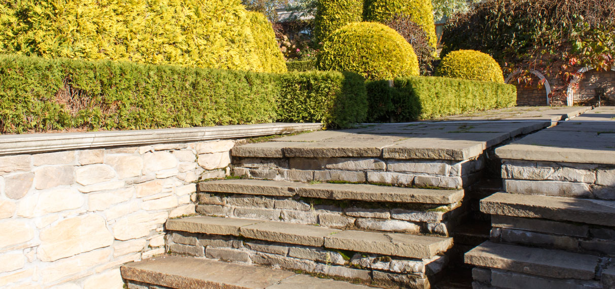 Patio with stairs and coping.