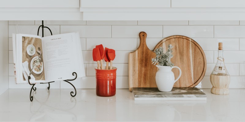 cookbook on white kitchen counter